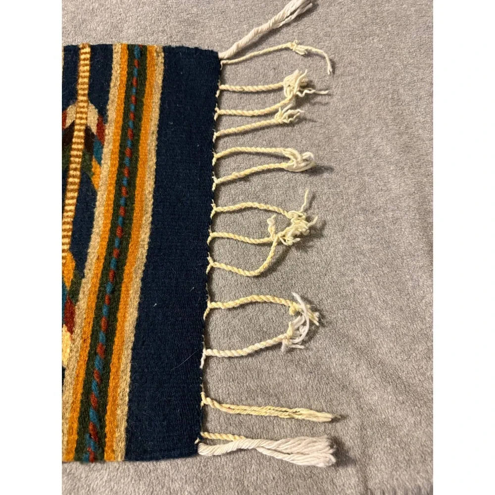 Vintage Zapotec Mexican Wool Tapestry Runner Blue Southwestern 100% Lana